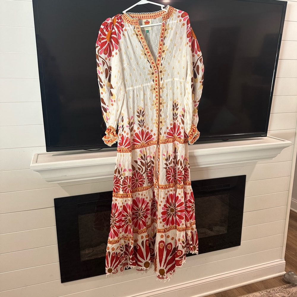 NWT FARM Rio Red and White Floral Long Sleeve Dress